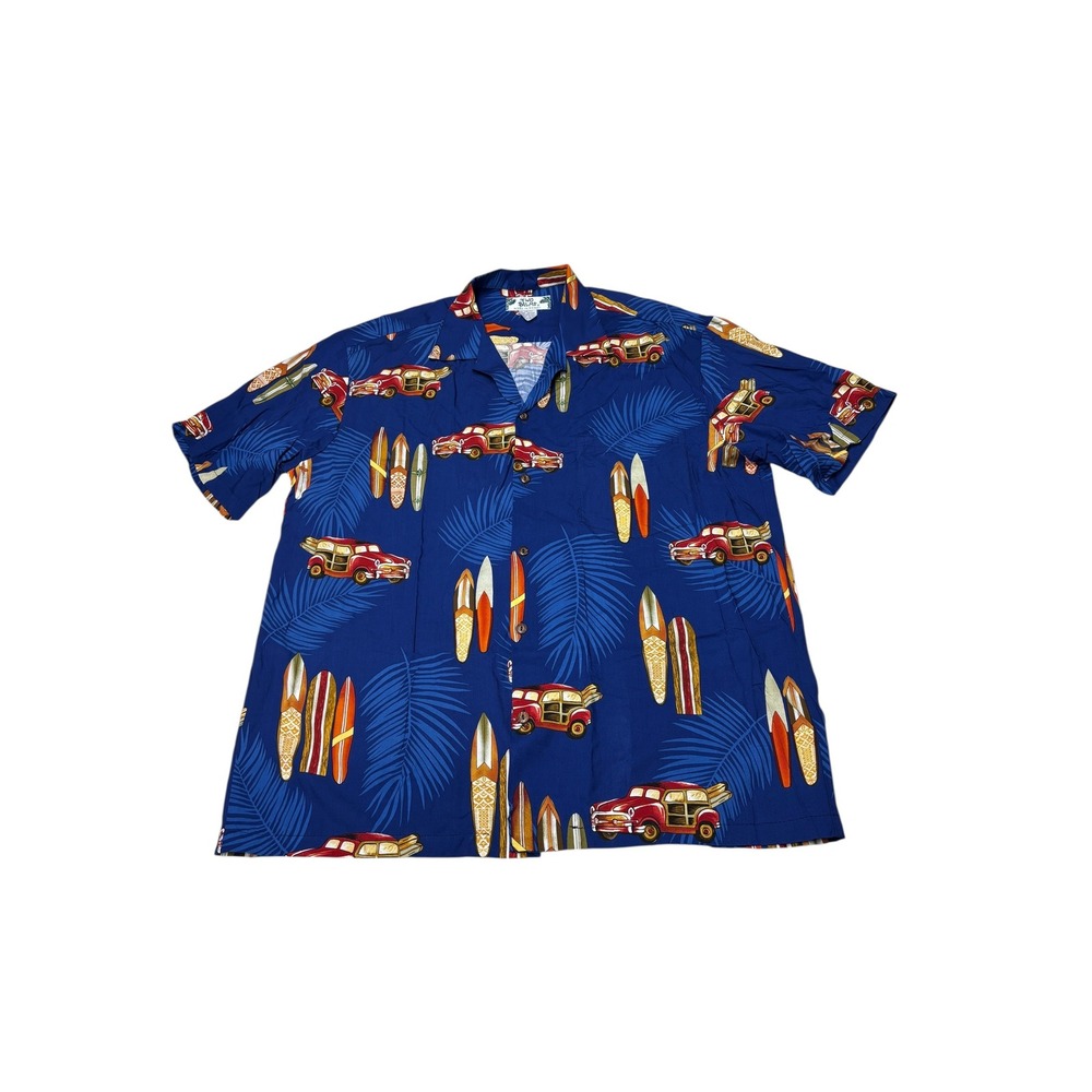 Vintage Two Palms Mens Blue Woodie Car Surfboard Shirt Rayon Made‎ in Hawaii L